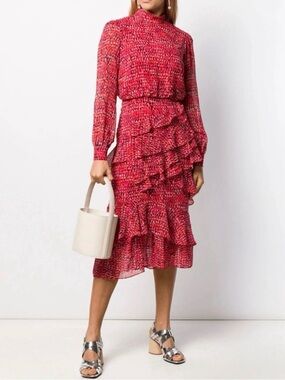 SALONI Red Printed Isa Ruffle Silk Midi Dress US 8/UK 12 MSRP $695